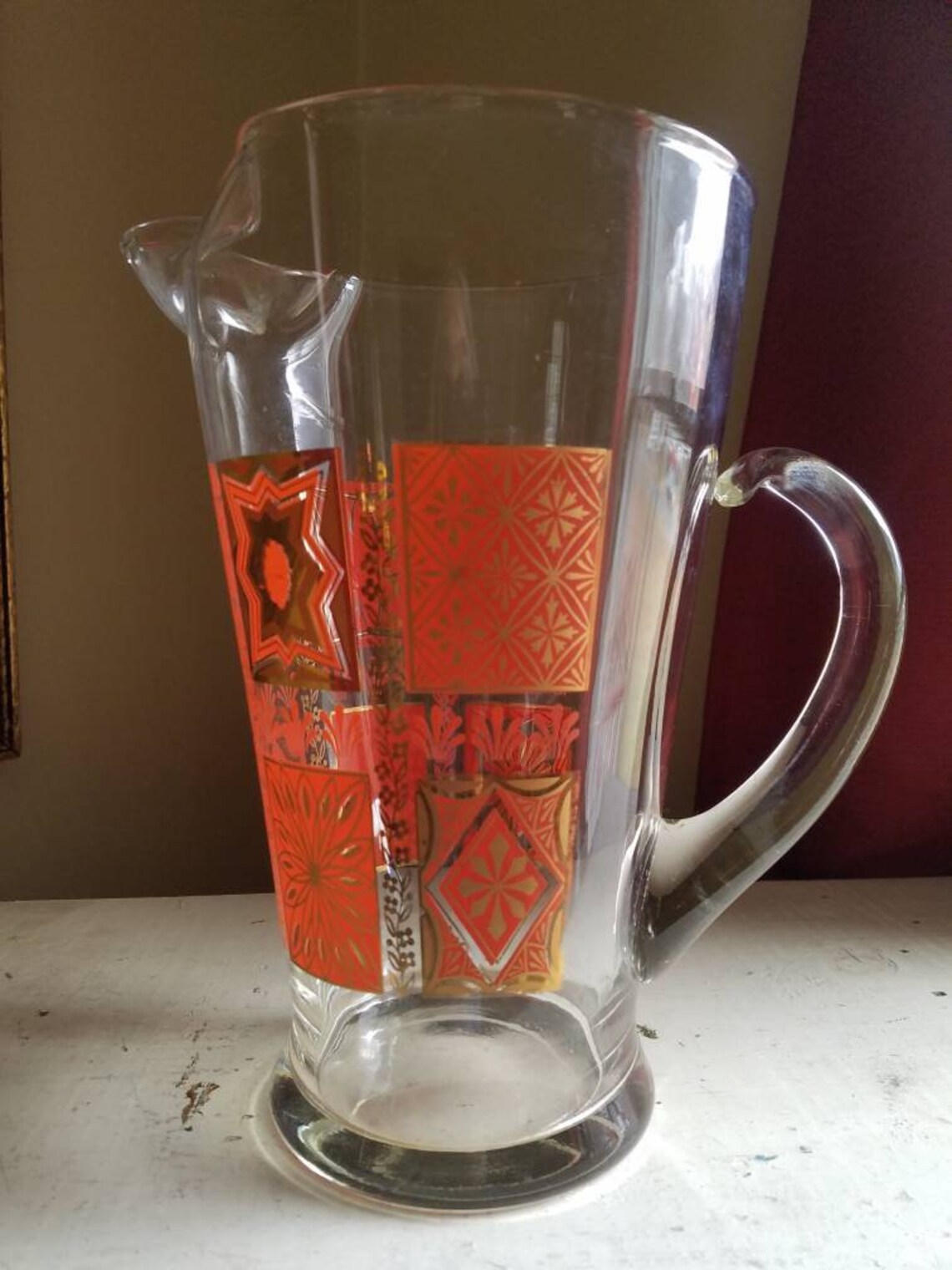 Vintage glass beer pitcher red and gold mcm groovy 1970's Etsy