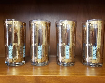 Gold tourquoise tumbler set of 4 shutter and screen design reverse blue
