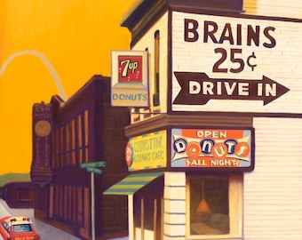 Zombie art with vintage signage titled Brains and Donuts