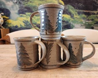 Rustic pottery mugs with pine trees set of 4