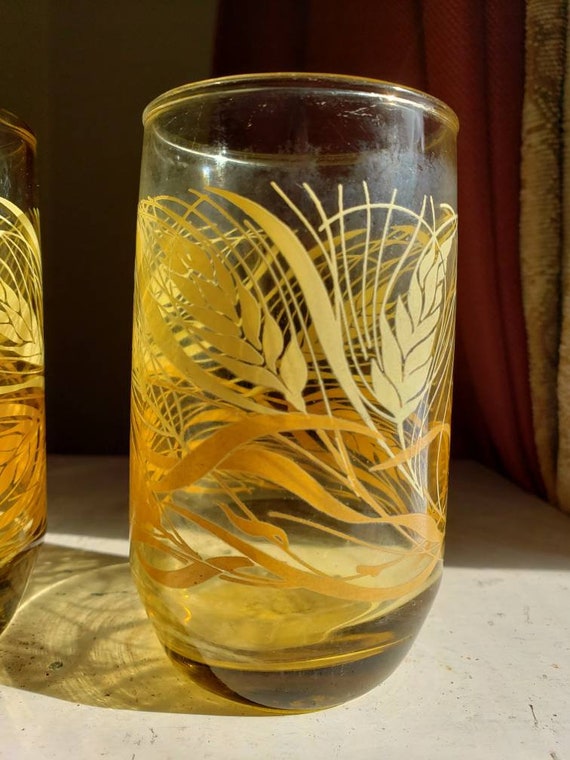 Vintage Set of 7 Anchor Hocking Amber Wheat Pattern Juice