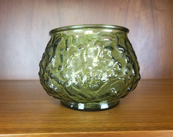 E O Brody Green Glass Vase bowl crinkle Vintage MCM design