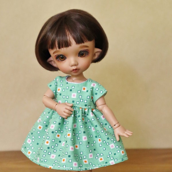 Lati Yellow and Pukifee Green Squares Doll Dress | Minty Green Reproduction Feedsack Doll Dress for Tiny Doll BJDs