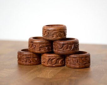 Vintage Handmade Wood Napkin Holders / Set of Six Carved Floral Wood Napkin Rings / Boho Home Kitchen Dining Table Decor