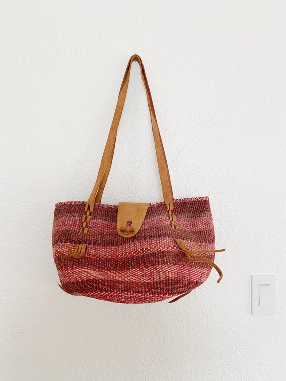 Vintage Pink Sisal Market Bag / Woven Jute Shoulde