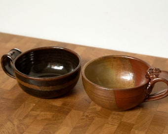 Set of Two Vintage Stoneware Pottery Coffee Mugs / Handmade Ceramic Serving Bowls / Soup Mugs / Boho Home Decor