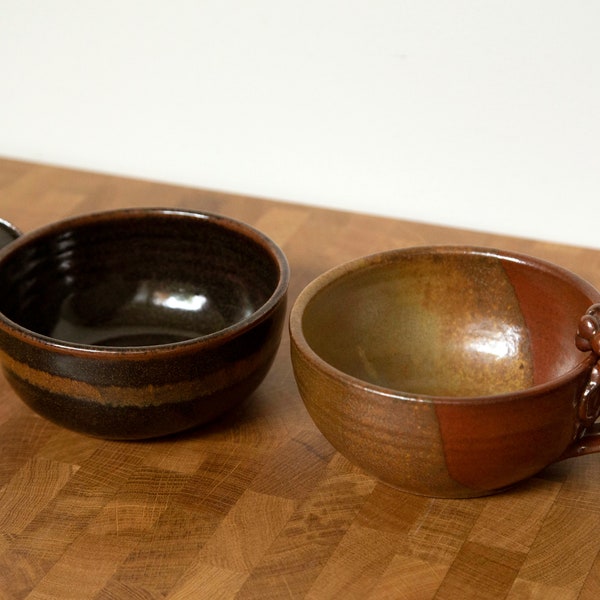 Set of Two Vintage Stoneware Pottery Coffee Mugs / Handmade Ceramic Serving Bowls / Soup Mugs / Boho Home Decor