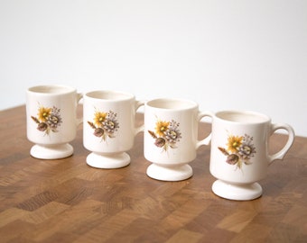 Vintage Floral Ceramic Mugs / Set of Four Handmade Flower Bouquet Coffee Tea Cups / Boho Farmhouse Home Kitchen Decor Drinkware