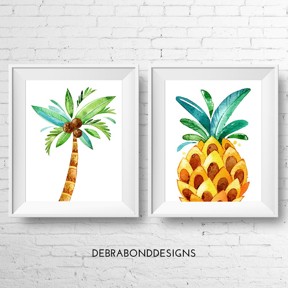 prints tropical pineapple palm tree frangipani instant monstera watercolour printable digital