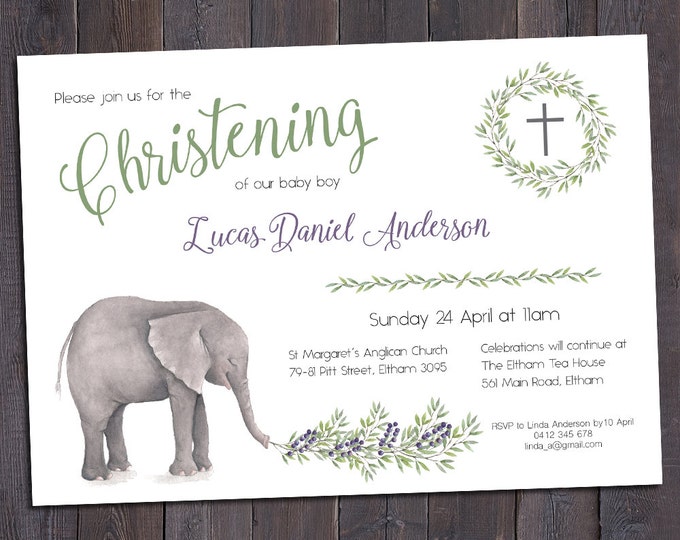 Christening invitation, Baptism invitation, naming invitation, boy, watercolour elephant and leaves, digital customised printable