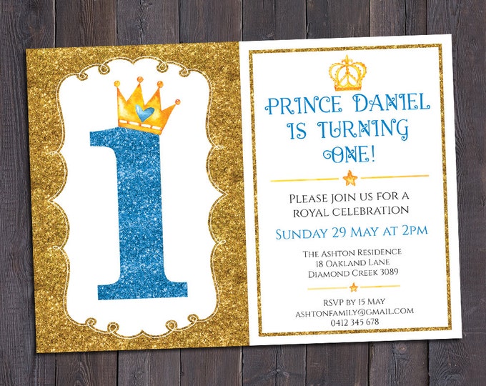 Birthday invitation, prince invitation, boy digital printable number, 1st, 2nd, any age child, customised, personalised, glitter & crowns