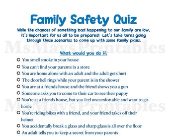 Family Safety Quiz, Family activities, kids safety, kids conversation starters, family game, emergency binder, fire safety, homeschool