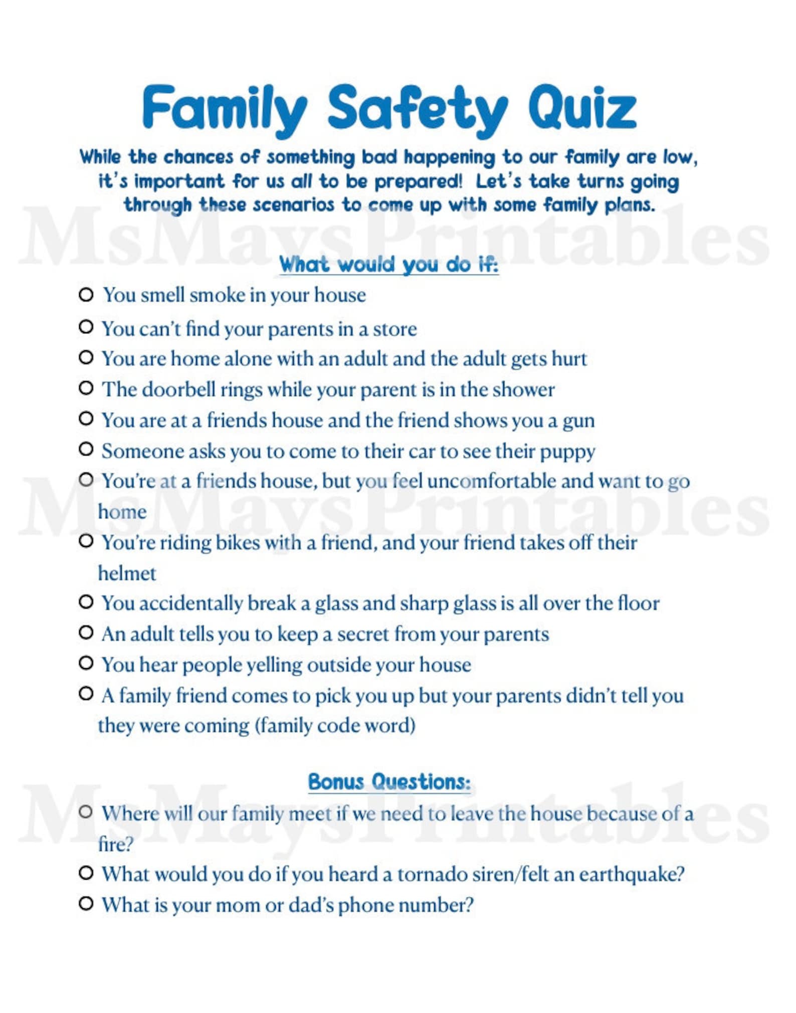 Family Safety Quiz, Family Activities, Kids Safety, Kids Conversation