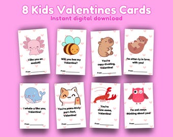 Kawaii Animal Valentine's Day Cards: Printable Kids Valentines (PDF)