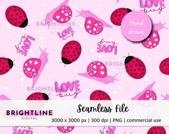 Love Bug Seamless Pattern: Valentine Ladybug & Snail (PNG)