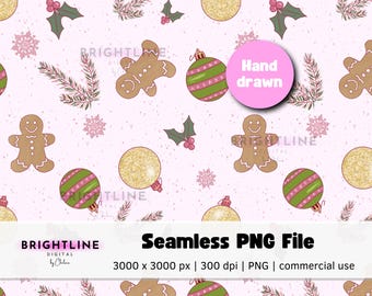 Pink Christmas Pattern PNG: Hand Drawn Preppy Design (Digital Download, 3000x3000px)