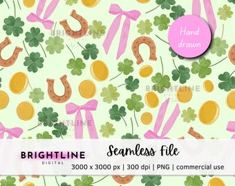St Patricks Day Seamless File: Shamrocks, Bows, Horseshoes (PNG Digital Paper)