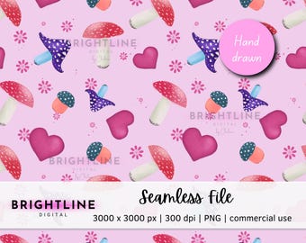 Mushroom Motif Seamless Pattern: Cottagecore Pink Fabric Design (Digital Download)