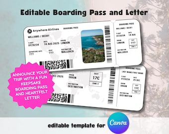 Surprise Trip Boarding Pass & Letter: Editable Gift Reveal | Canva Template Digital Download