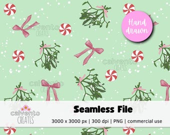 Peppermint Mistletoe Winter Seamless Pattern: Hand Drawn Surface Pattern Design (PNG Digital Download)