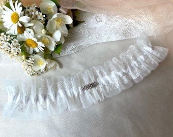 Braut Strumpfband elfenbein, Hochzeits strumpfband, Luxus Tüll Strumpfband mit Strass, Etwas Blau, Spitze und Tüll Strumpfband mit Satinband