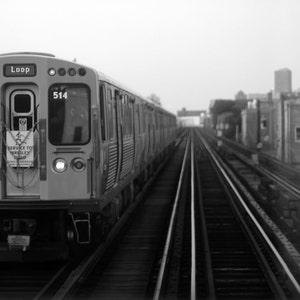 Elevated Train Photo, Chicago L Train - Loop Bound, Black and white, wall art print, Chicago urban photography, El Series