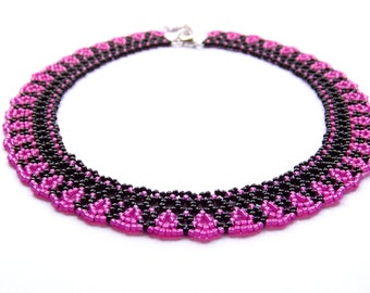 Beaded necklace, seed bead necklace for women, pink and black necklace bead, lace bib necklace, beadwork necklace gift for mom