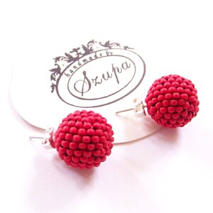 Red stud earrings, beaded earrings, bead earrings, ball earrings handmade, gift for mom, beadwork earrings, woven earrings red image 8