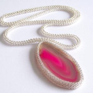 Pink agate pendant necklace – long boho gemstone jewelry gift for women