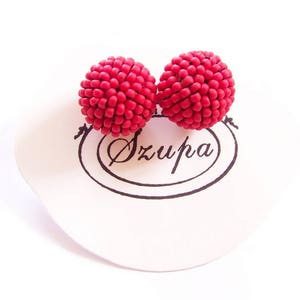 Red stud earrings, beaded earrings, bead earrings, ball earrings handmade, gift for mom, beadwork earrings, woven earrings red image 5