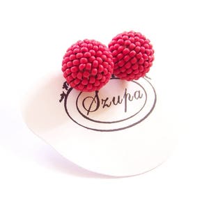 Red stud earrings, beaded earrings, bead earrings, ball earrings handmade, gift for mom, beadwork earrings, woven earrings red image 2