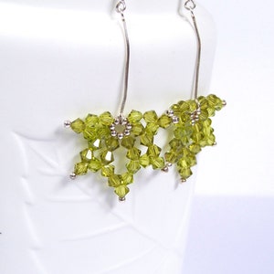 Dangle drop earrings, beaded earrings, crystal earrings, green earrings for women, long dangle earrings, leaf earrings, silver earrings
