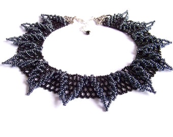 Black collar necklace for women, statement necklace gift for her, beaded necklace, bib bead necklace, chunky necklace, beadwoven necklace