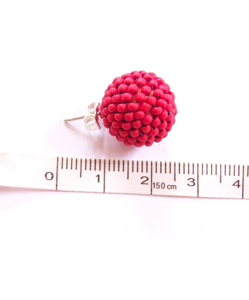 Red stud earrings, beaded earrings, bead earrings, ball earrings handmade, gift for mom, beadwork earrings, woven earrings red image 6