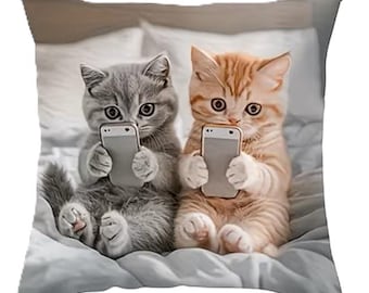 ADORABLE Cat KITTENS on CELL Phones--Pillow Cover--17.7 x17-inch with zipper-Use Year Round