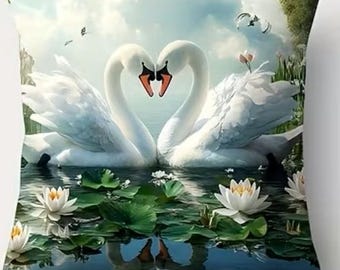 ELEGANT SWANS forming HEART---Pillow Cover–for Sofa or Bed (17.7 x 17.7 inch)--Use year round