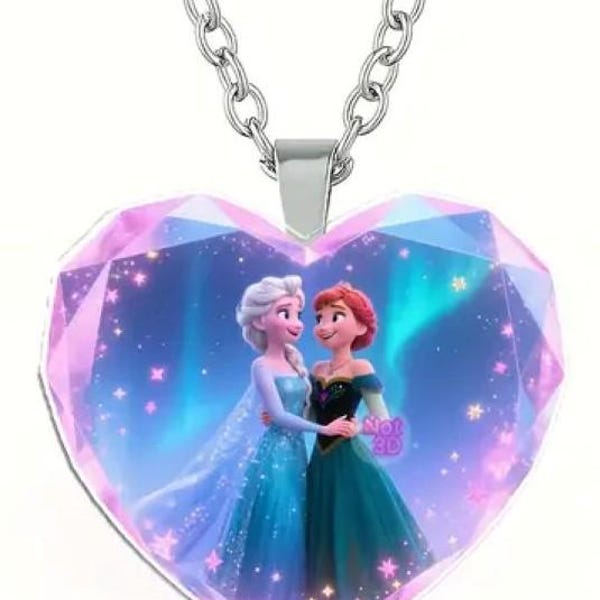 DISNEY Frozen Lovely ANNA & ELSA Hugging, Heart-Shaped Pendant---Great Birthday Party Gifts