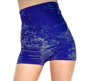 High waisted royal blue crushed velour shorts hot pants Goth