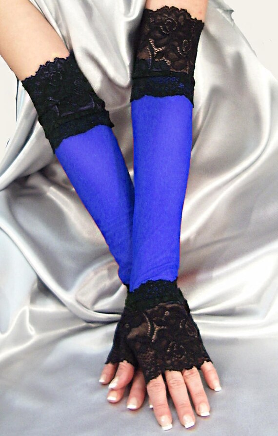 Madame Fantasy XX Long Velour Fingerless Gloves Lace Cuffs Royal Blue