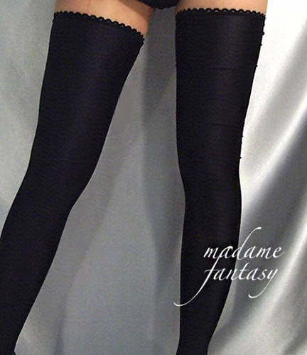 Image of Black Shiny Spandex Stockings Lace Edge
