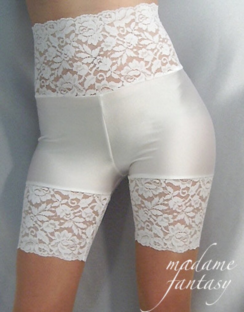 Spandex shorts hot pants with white lace top & cuffs Etsy