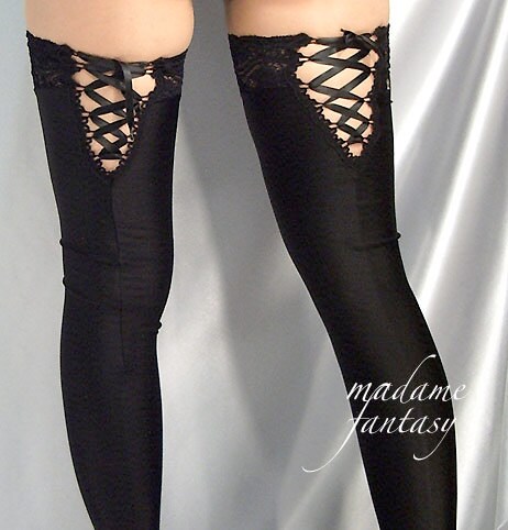 Image of Black Shiny Spandex Lace Top Stockings Up Back