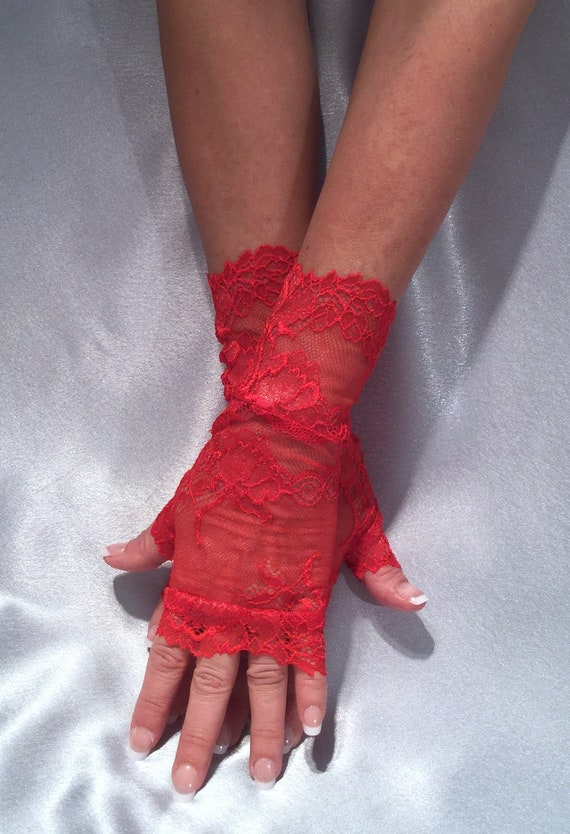 long red lace fingerless gloves