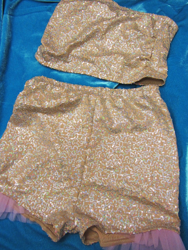 Sequin set high waisted gold sequin sequin shorts baby pink tulle ruffle tube top