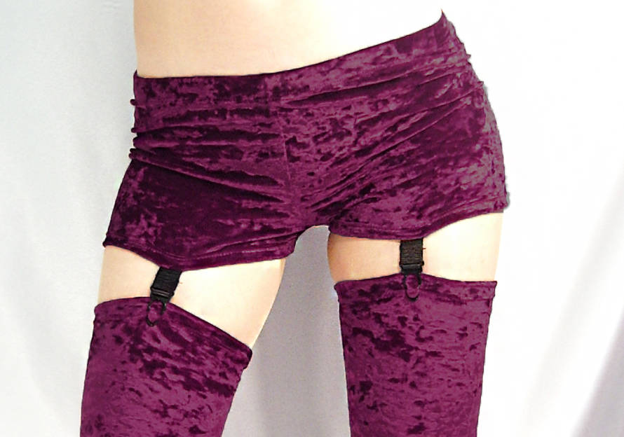Image of Burgundy Wine Red Crushed Velour Shorts Hot Pants Suspenders