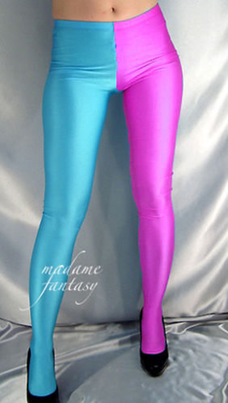 Two tone spandex footed leggings tights turquoise neon pink