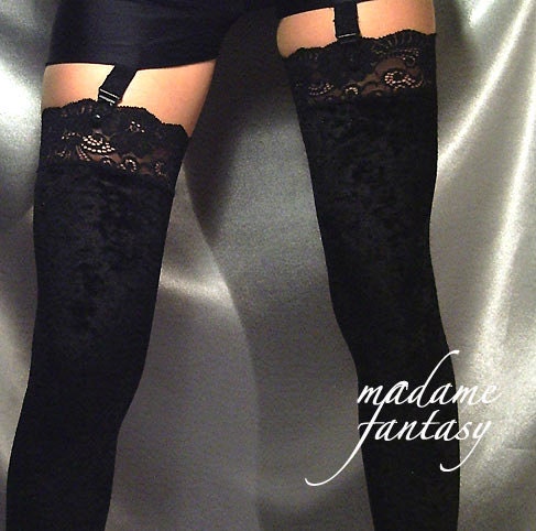 Image of Black Velour Stockings Lace Top