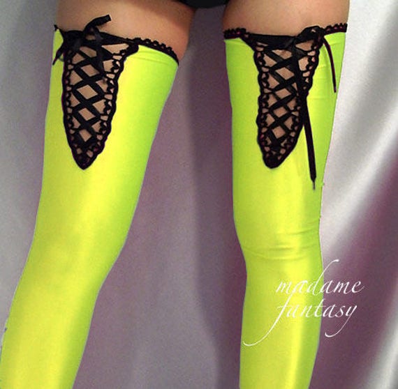 Navy blue shiny spandex stockings black lace up top
