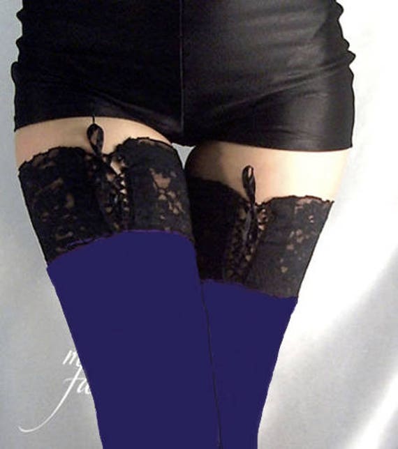 Navy blue shiny spandex stockings black lace up top