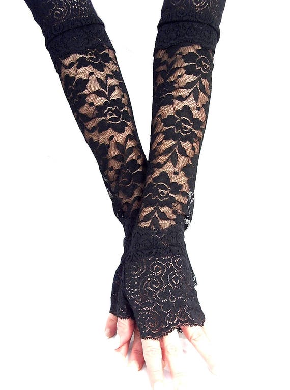 LONG ROYAL BLUE BLACK SPANDEX LACE UP FINGERLESS GLOVES ARM WARMERS